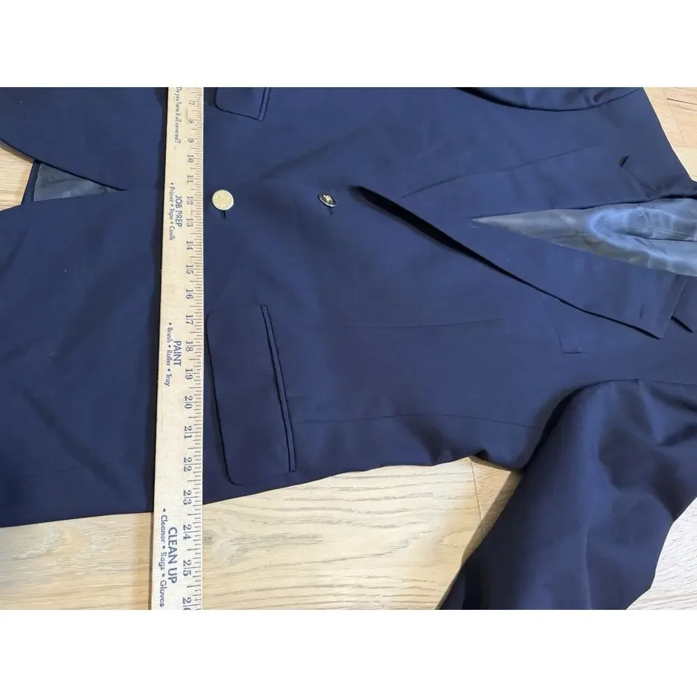Vintage 90s Burberry Suit Jacket 46L Made IN USA Navy Gold Button Pure Wool VTG